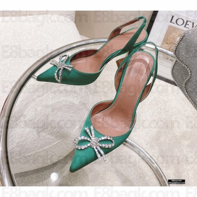 Amina Muaddi Heel Rosie Slingback Pumps Satin Green with Crystal Bow