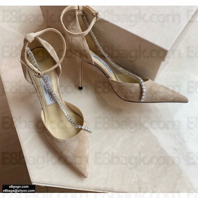 Jimmy Choo Heel 8.5cm TALIKA Pumps Suede Nude with Ankel Strap and Crystal Chain 2021