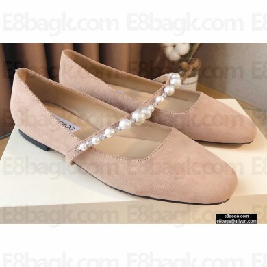 Jimmy Choo Ade Flats Suede Nude with Pearl Embellishment 2021