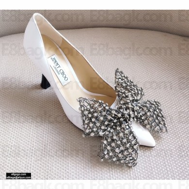 Jimmy Choo Heel 8.5cm SEKA Pumps White with Crystal Bow Clasp 2021