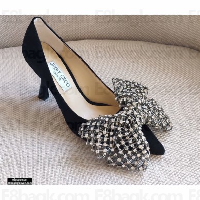 Jimmy Choo Heel 8.5cm SEKA Pumps Suede Black with Crystal Bow Clasp 2021