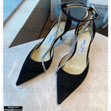 Jimmy Choo Heel 6.5cm TALIKA Pumps Suede Black with Ankel Strap and Crystal Chain 2021