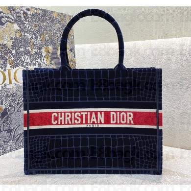 Dior Small Book Tote Bag in Crocodile-Effect Embroidered Velvet Blue 2021