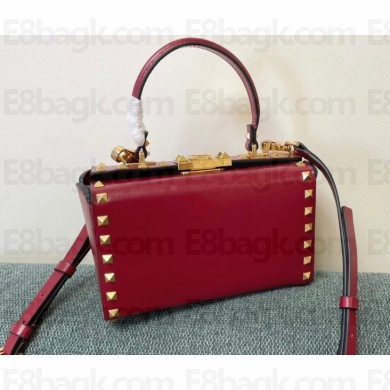 Valentino Rockstud Alcove Grainy Calfskin Box Bag Red 2021