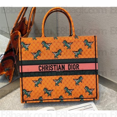 Dior Book Tote Bag in Multicolor Dragon & Fire Embroidery Orange 2021