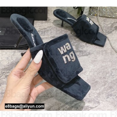 Alexander Wang Heel 5.5cm Jessie Padded Velour Crystal Logo Slide Sandals Black 2021