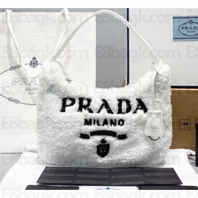 Prada Re-Edition 2000 Shearling Terry Mini Hobo Bag 1NE515 White 2021