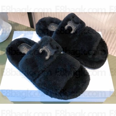 Celine Fur Triomphe Open Slides in Shearling Black 2021