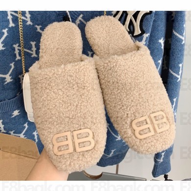 Balenciaga Fake Shearling Cosy BB Mules Beige 2021