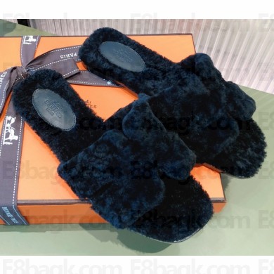 Hermes Shearling Woolskin Oran Sandals Black 2021