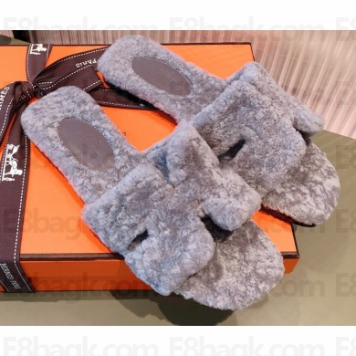 Hermes Shearling Woolskin Oran Sandals Gray 2021