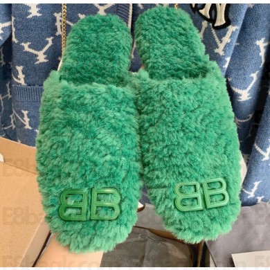 Balenciaga Fake Shearling Cosy BB Mules Green 2021