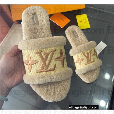 Louis Vuitton Shearling and Raffia Lock It Flat Mules Beige 2021