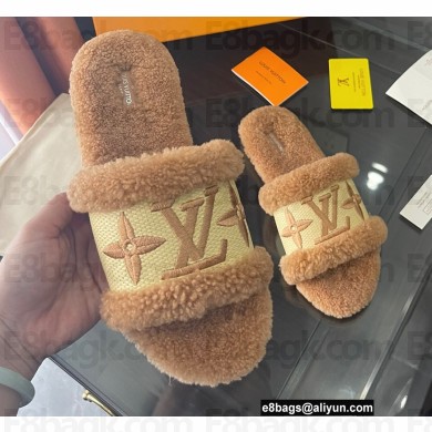 Louis Vuitton Shearling and Raffia Lock It Flat Mules Brown 2021