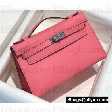 Hermes Mini Kelly 22 Pochette Bag Rouge Pink in Swift Leather with Silver Hardware