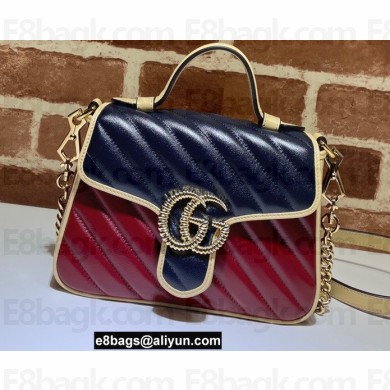 Gucci Diagonal GG Marmont Mini Top Handle Bag 583571 Navy Blue/Beige/Red 2021