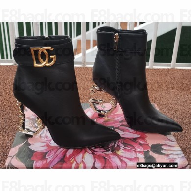Dolce & Gabbana Heel 10.5cm Leather Ankle Boots Black with Baroque DG Heel and Strap 2021