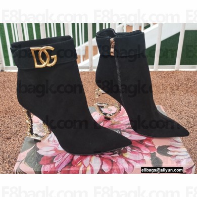 Dolce & Gabbana Heel 10.5cm Leather Ankle Boots Suede Black with Baroque DG Heel and Strap 2021