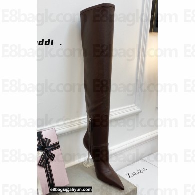 Amina Muaddi Clear Heel 9.5cm Leather Thigh-High Boots Coffee 2021