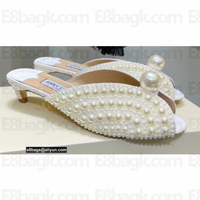 Jimmy Choo Heel 3.5cm SAMANTHA 35 White Satin Mules with All-Over Pearls 2021