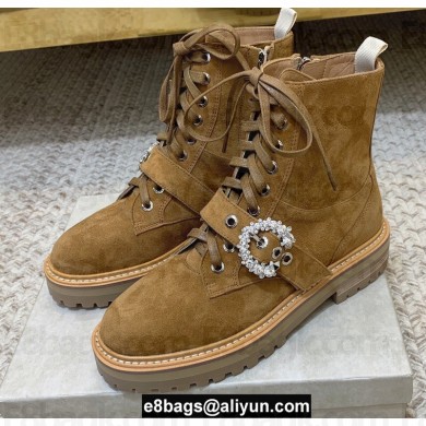 Jimmy Choo CORA FLAT Suede Combat Boots with Crystal Buckle Caramel 2021