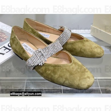 Jimmy Choo KRISTA FLAT Suede Flats Olive Green with Crystal-Embellished Strap 2021