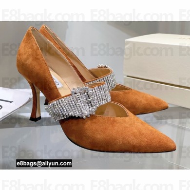 Jimmy Choo Heel 8.5cm KARI Suede Pumps Orange with Crystal-Embellished Strap 2021