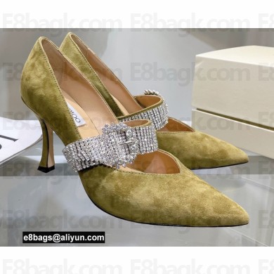 Jimmy Choo Heel 8.5cm KARI Suede Pumps Olive Green with Crystal-Embellished Strap 2021