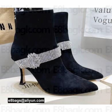 Jimmy Choo Heel 8.5cm KAZA Suede Booties Boots Black with Crystal-Embellished Strap 2021