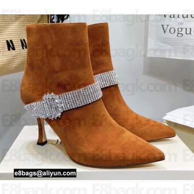Jimmy Choo Heel 8.5cm KAZA Suede Booties Boots Orange with Crystal-Embellished Strap 2021