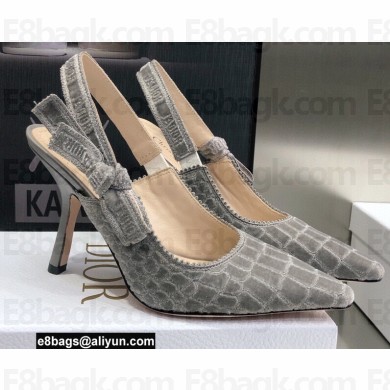 Dior Heel 9.5cm J'Adior Slingback Pumps Crocodile-Effect Embroidered Velvet Gray 2021