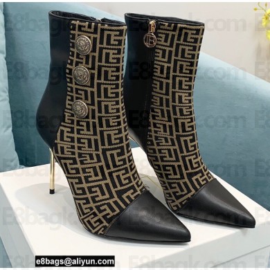 Balmain Heel 9.5cm Roni Ankle Boots Bimaterial Jacquard and Leather Black/Brown with Balmain Monogram 2021