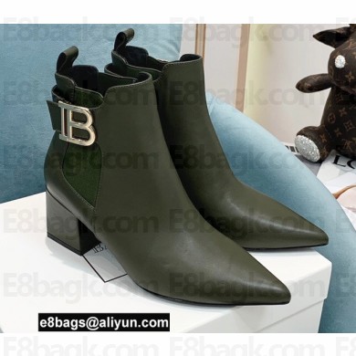 Balmain Heel 6cm Ankle Boots Leather Army Green with Balmain Monogram Logo 2021