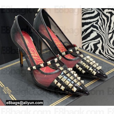 Valentino Heel 10cm Rockstud Alcove Pumps in Mesh and Leather Patent Black 2021
