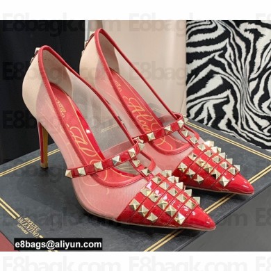 Valentino Heel 10cm Rockstud Alcove Pumps in Mesh and Leather Patent Red 2021