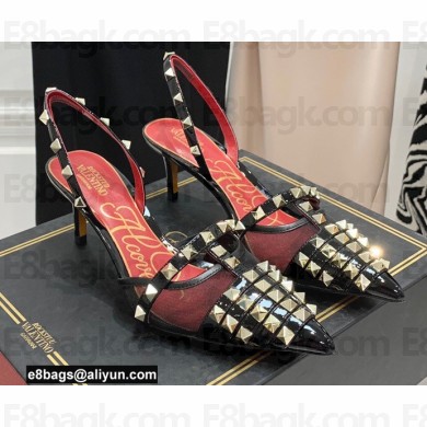 Valentino Heel 6cm Rockstud Alcove Slingback Pumps in Mesh and Leather Patent Black 2021