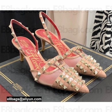 Valentino Heel 6cm Rockstud Alcove Slingback Pumps in Mesh and Leather Patent Nude 2021