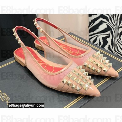 Valentino Rockstud Alcove Slingback Flats in Mesh and Leather Patent Nude 2021