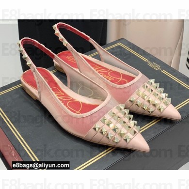 Valentino Rockstud Alcove Slingback Flats in Mesh and Leather Nude 2021
