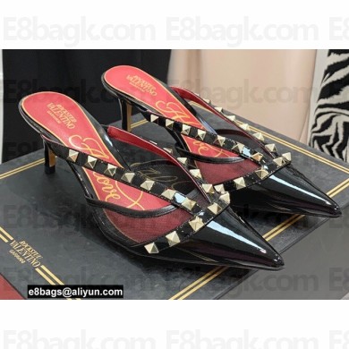 Valentino Heel 6cm Rockstud Alcove Mules in Mesh and Leather Patent Black 2021