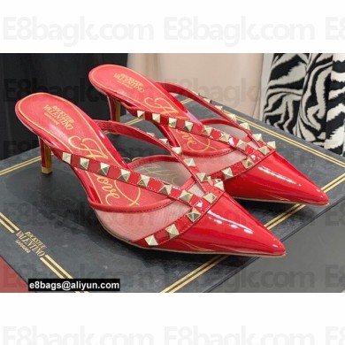 Valentino Heel 6cm Rockstud Alcove Mules in Mesh and Leather Patent Red 2021