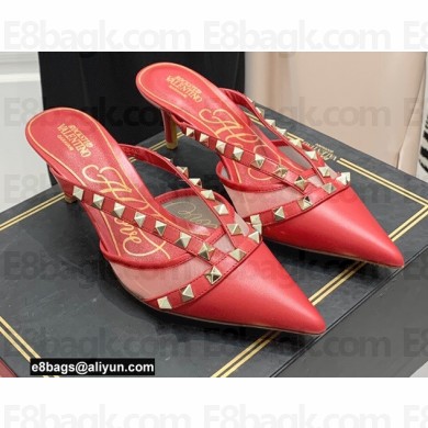 Valentino Heel 6cm Rockstud Alcove Mules in Mesh and Leather Red 2021