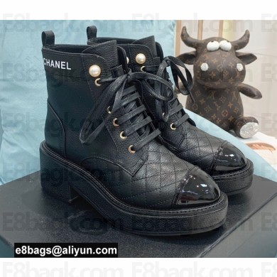 Chanel Heel 5.5cm Lace-Ups Ankle Boots G38514 Calfskin/Patent Black 2021