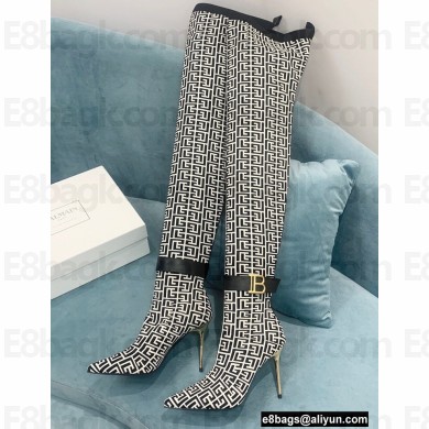 Balmain Heel 9.5cm Raven Thigh-high Boots Knit Black/White with Monogram Strap 2021
