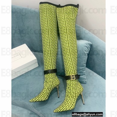 Balmain Heel 9.5cm Raven Thigh-high Boots Knit Green with Monogram Strap 2021