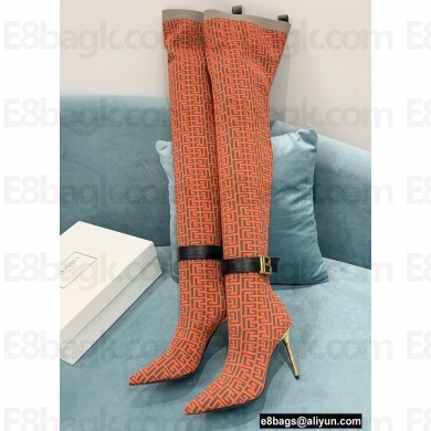 Balmain Heel 9.5cm Raven Thigh-high Boots Knit Orange with Monogram Strap 2021