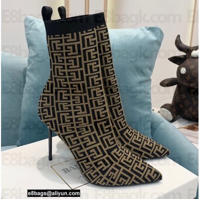 Balmain Heel 9.5cm Stretch Knit Skye Ankle Boots Black/Brown With Balmain Monogram 2021