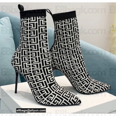 Balmain Heel 9.5cm Stretch Knit Skye Ankle Boots Black/White With Balmain Monogram 2021