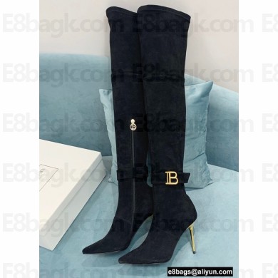 Balmain Heel 9.5cm Raven Thigh-high Boots Suede Black 2021