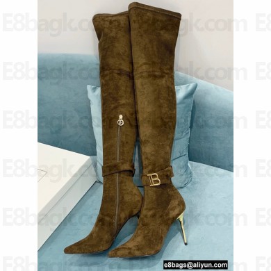 Balmain Heel 9.5cm Raven Thigh-high Boots Suede Khaki 2021